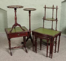 Five pieces of matching occasional furniture. Includes whatnot stand, sofa table, nest of three