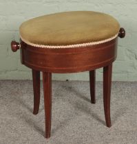 A small Edwardian mahogany inlaid piano stool with upholstered seat. Hx55cm