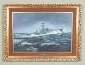 Keith Sutton (Blackpool Artist 1924-1991); a framed oil on board seascape of HMS Gurkha. Titled