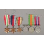 Six WWII medals, including To include 1939-45 medal, two Defence Medals, Africa Star, Italy Star and
