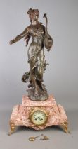 A large spelter and marble clock featuring figure of a maiden playing a dolphin Lyre. Approx. height