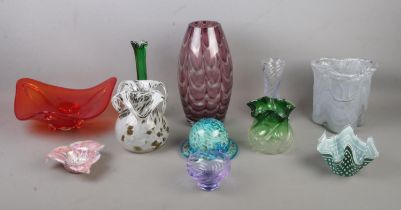 A collection of art glass, to include handkerchief vase, Murano style glass hat, twisted vase and