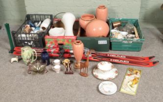 Four boxes of miscellaneous. Includes Head skis, large decorative vases, Royal Albert Old Country