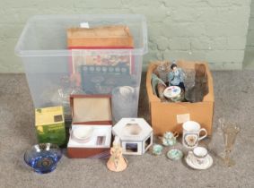 A box of assorted ceramics, glassware and ephemera to include vintage postcards, Mason's,