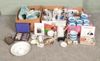 Three boxes of miscellaneous ceramics to include Cornish Ware, Bretby, Carlton Ware, Crested Ware,