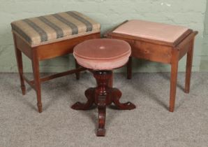 Three padded stools including two piano stool examples with storage compartment.
