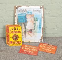 Four enamel signs. Includes Colman's, Faithfully Sewing and two double sided Wolseley examples.