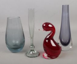 A collection of four Whitefriars glass, including Whitefriars Dilly Duck, Lilac teardrop vase Pat