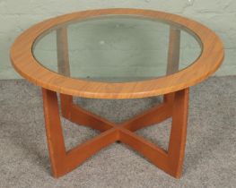 A G Plan style circular coffee table with glass top. Hx43cm Dx76cm.