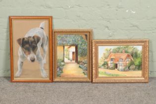 Three framed artworks, to include two oil on boards of cottage scenes and a watercolour and pastel