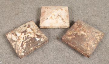 Three vintage painted cast iron railway signal tops. Includes two LNER, Westinghouse Brake and