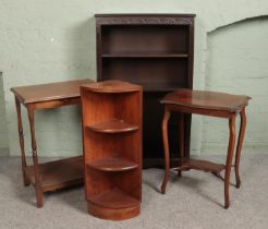 Four pieces of assorted furniture, to include dark bookcase, corner shelving unit and window table