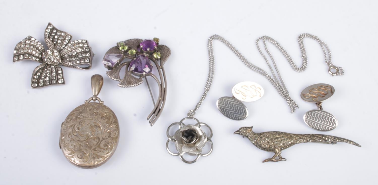 A collection of silver and white metal jewellery. To include boxed cufflinks, silver pheasant brooch
