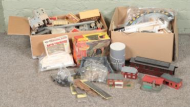 Two boxes of railway diorama accessories including a large quantity of buildings, Tri-ang Hornby
