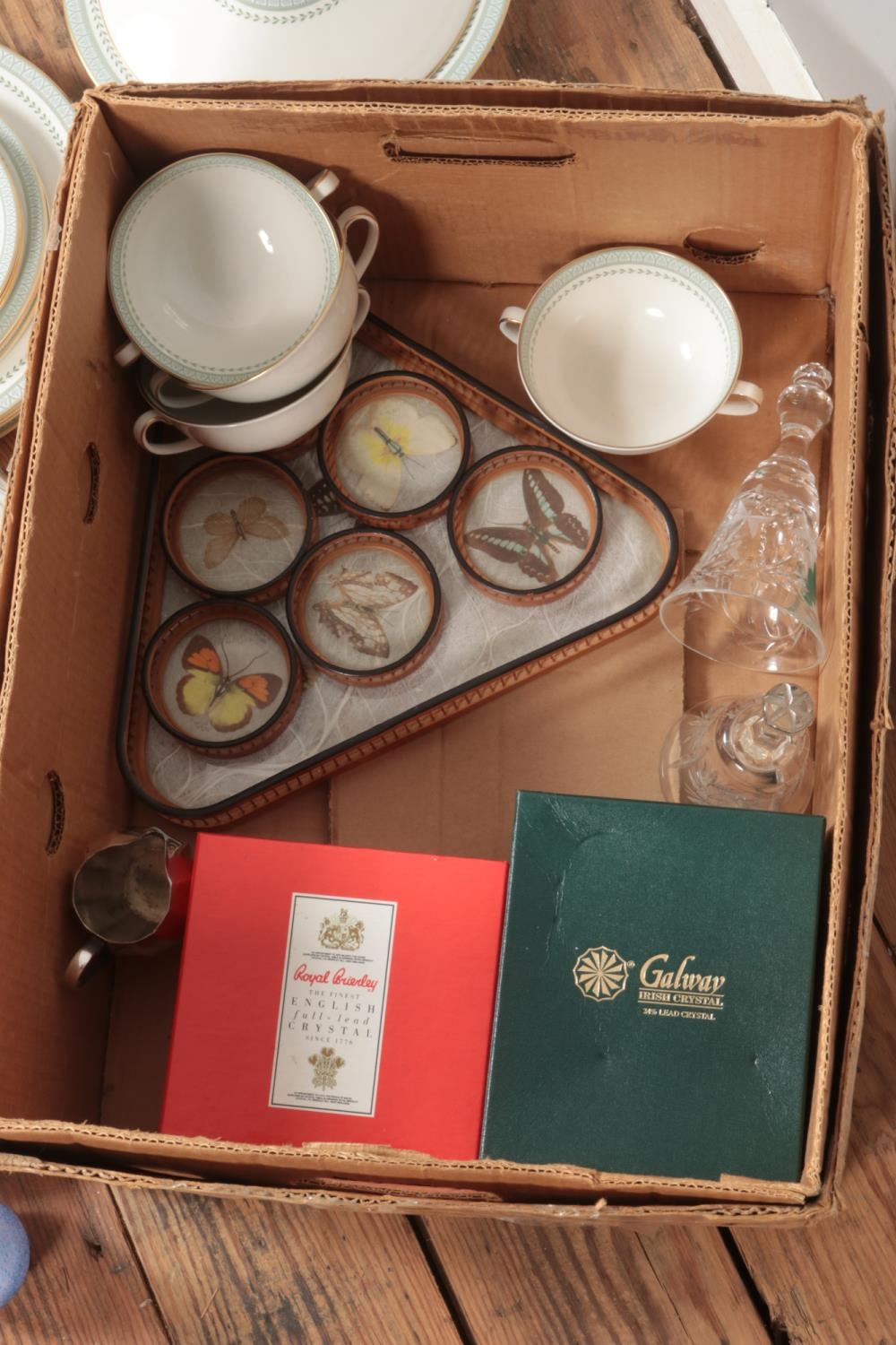 A box of miscellaneous to include Royal Doulton Berkshire part dinner service, Galway crystal, - Image 2 of 2