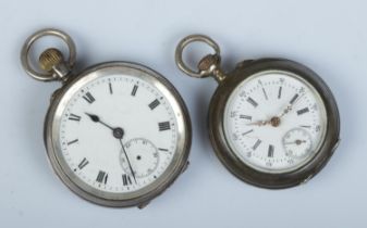 Two silver fob watches. The smaller example stamped 800 with continental marks, the other with