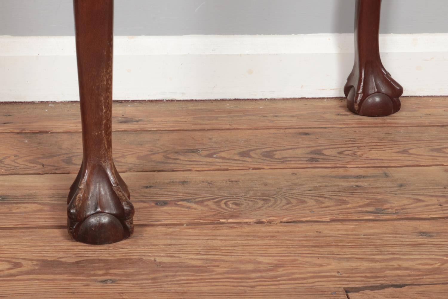 A mahogany demi-lune console table, with waved edging and three ball and claw feet. Bearing label - Image 3 of 3
