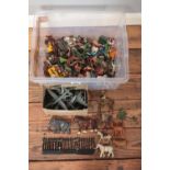 A box of mainly lead figures and farm animals, to include Britains and Charbens examples. Also