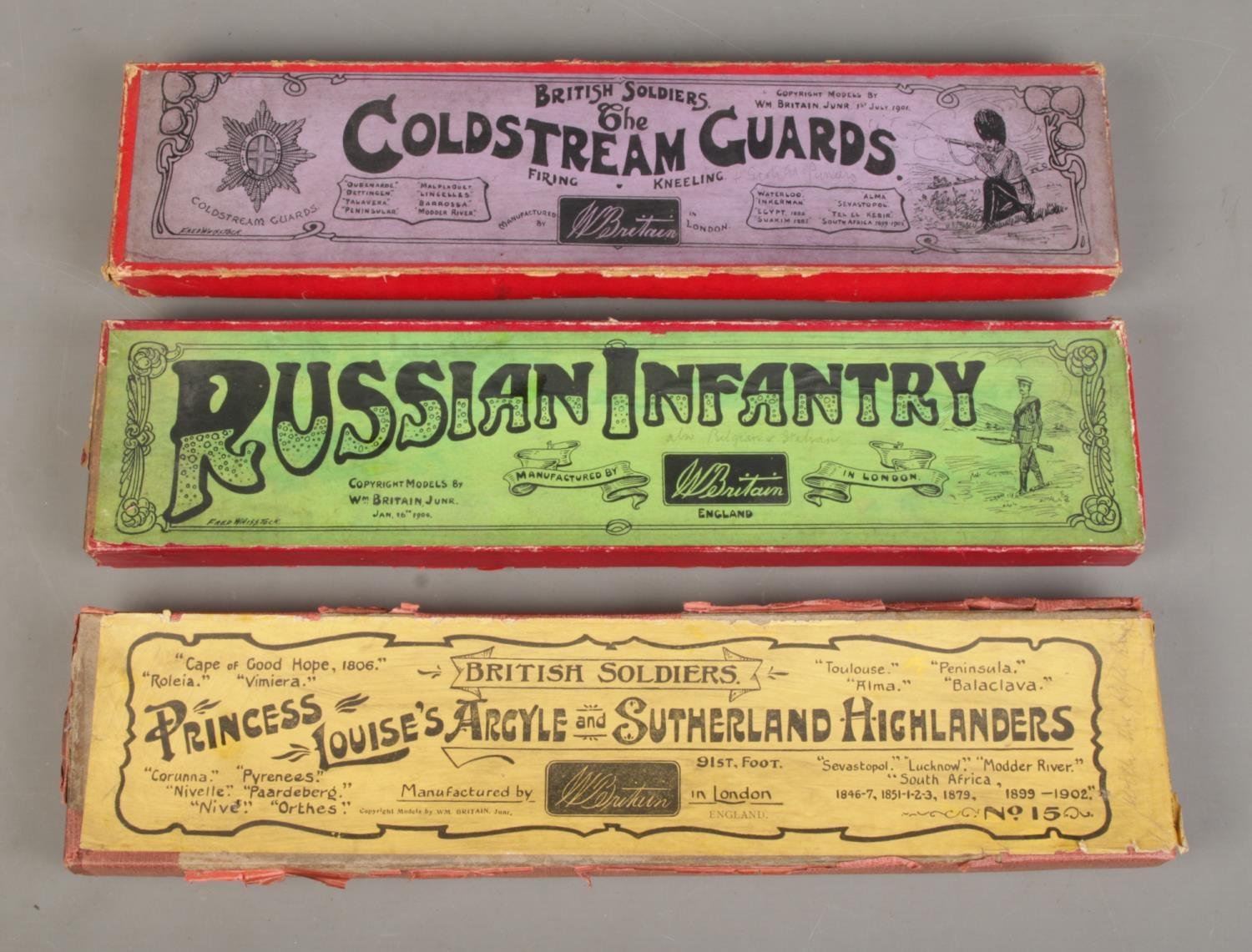 Three boxes of vintage W Britain (Britains) lead soldiers, including Princess Lousie's Argyle and - Image 2 of 2