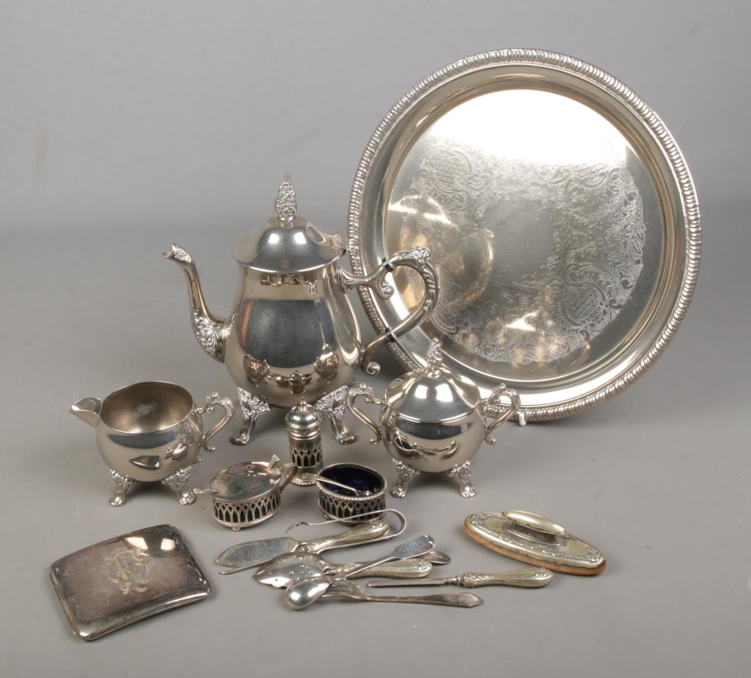 A collection of metalwares mostly EPNS and silver plate including tea set of tea pot, jug and