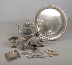 A collection of metalwares mostly EPNS and silver plate including tea set of tea pot, jug and