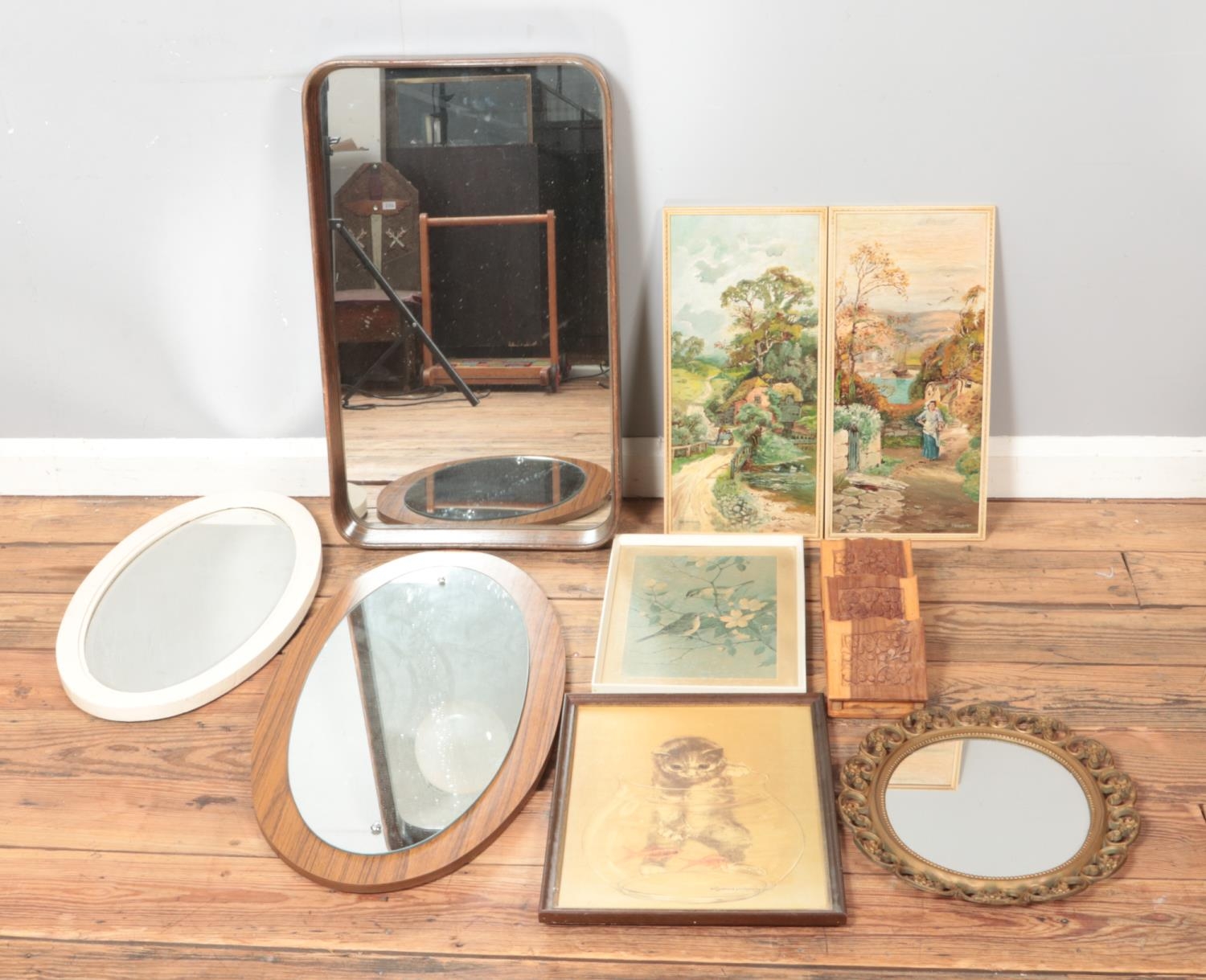 Four vintage mirrors, together with a collection of pictures and prints; including two oil on