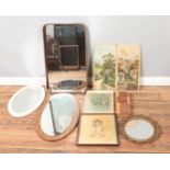 Four vintage mirrors, together with a collection of pictures and prints; including two oil on