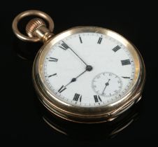 A gold plated open face pocket watch, with Roman Numeral face and subsidiary second dial. The 19