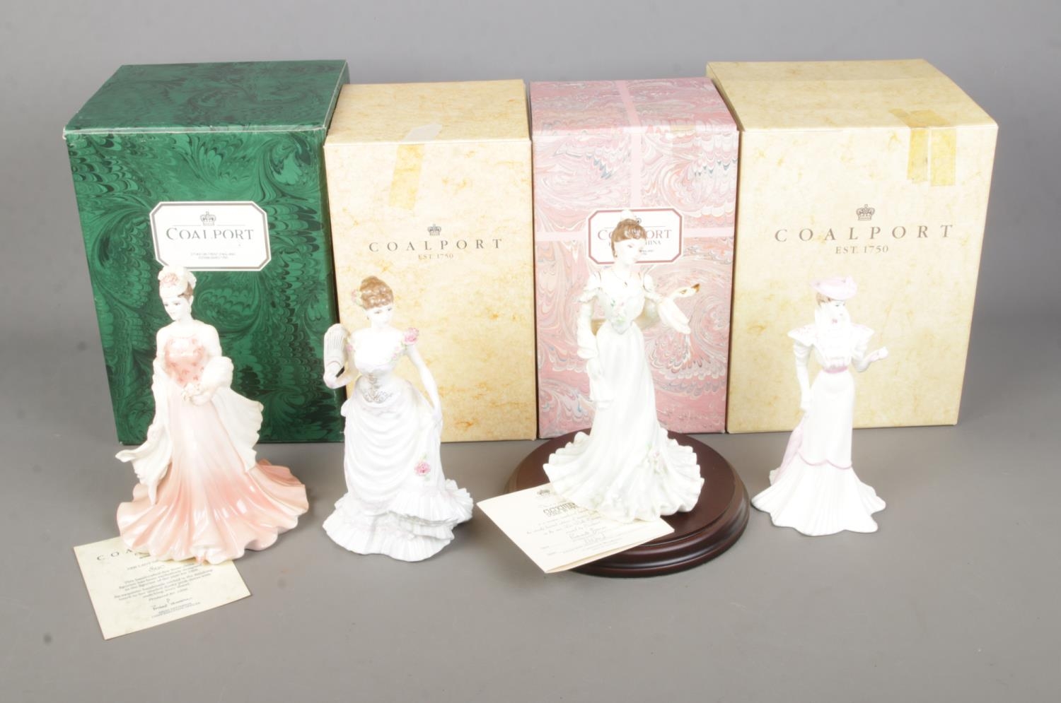 Four boxed Coalport ceramic figures to include Ladies in Fashion Sue, Lillie Langtry (10203/