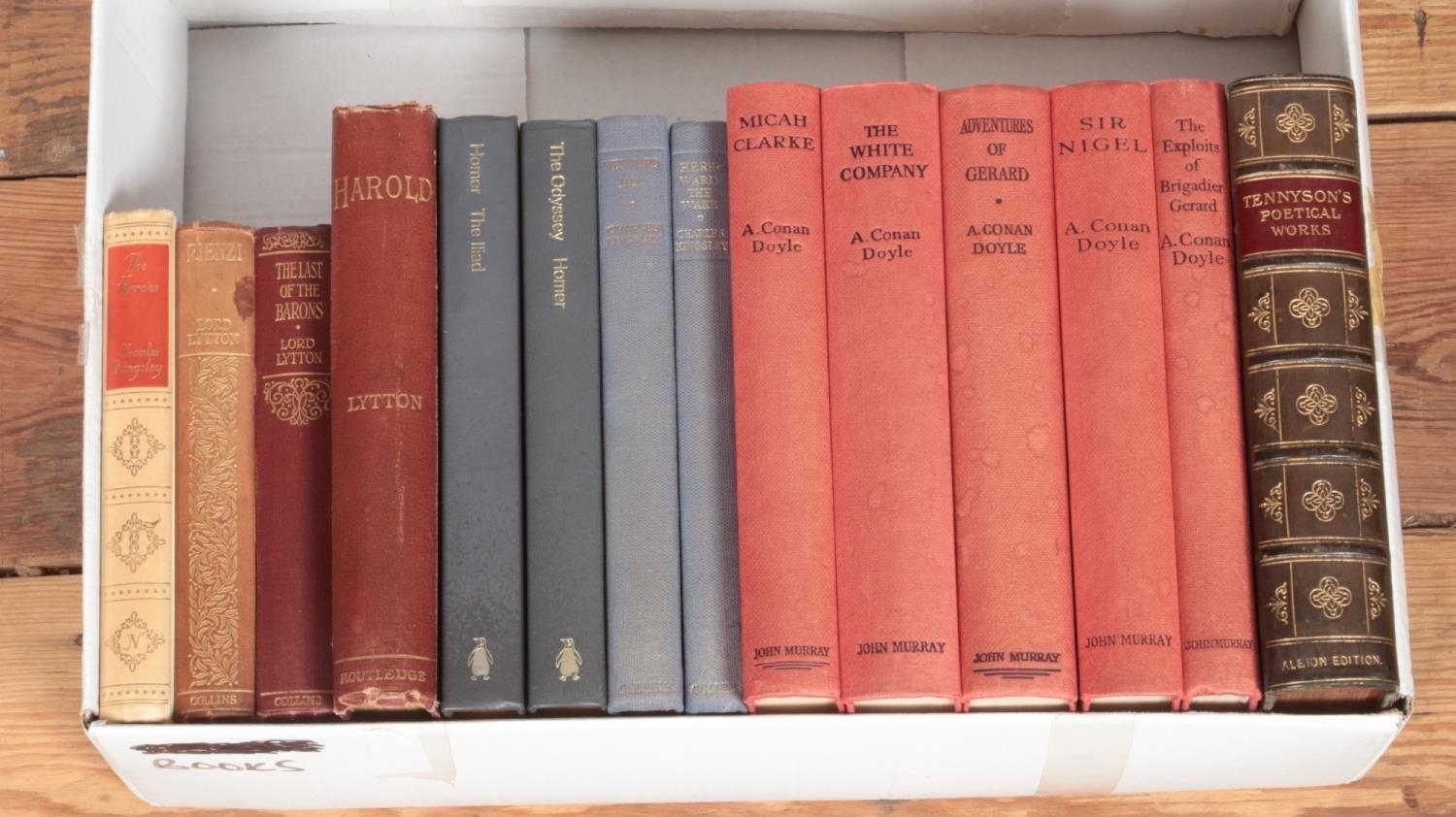 A box of vintage and antique books. Includes Poetical Works of Alfred Lord Tennyson, Albion Edition,