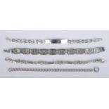 Four silver bracelets. Includes curb example, 'Mother' panel example etc.