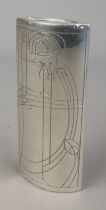 A Charles Rennie Mackintosh pewter vase featuring geometric rose pattern to one side. Height 15cm.