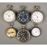 Five assorted pocket watches for repair, alongside a compass. To include several Ingersoll examples;