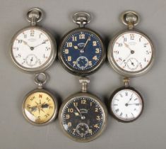 Five assorted pocket watches for repair, alongside a compass. To include several Ingersoll examples;