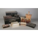 A collection of assorted boxes, to include strong box with key, jewellery boxes and white metal