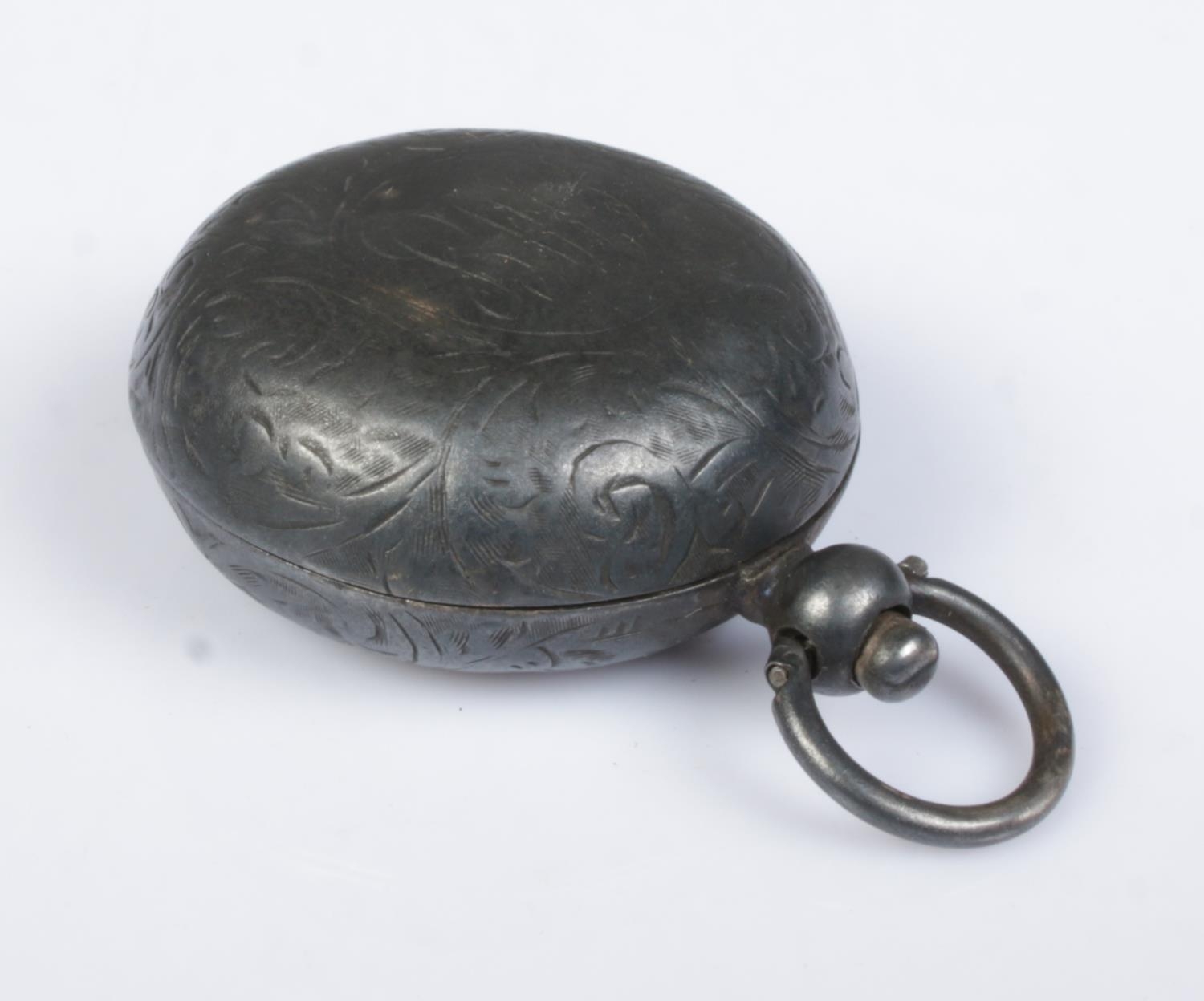 A late Victorian silver sovereign case, with scrolled engraving and partial monogram to the front.