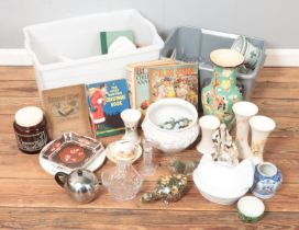 Two boxes of miscellaneous collectables including vintage marbles, various children's books, cut