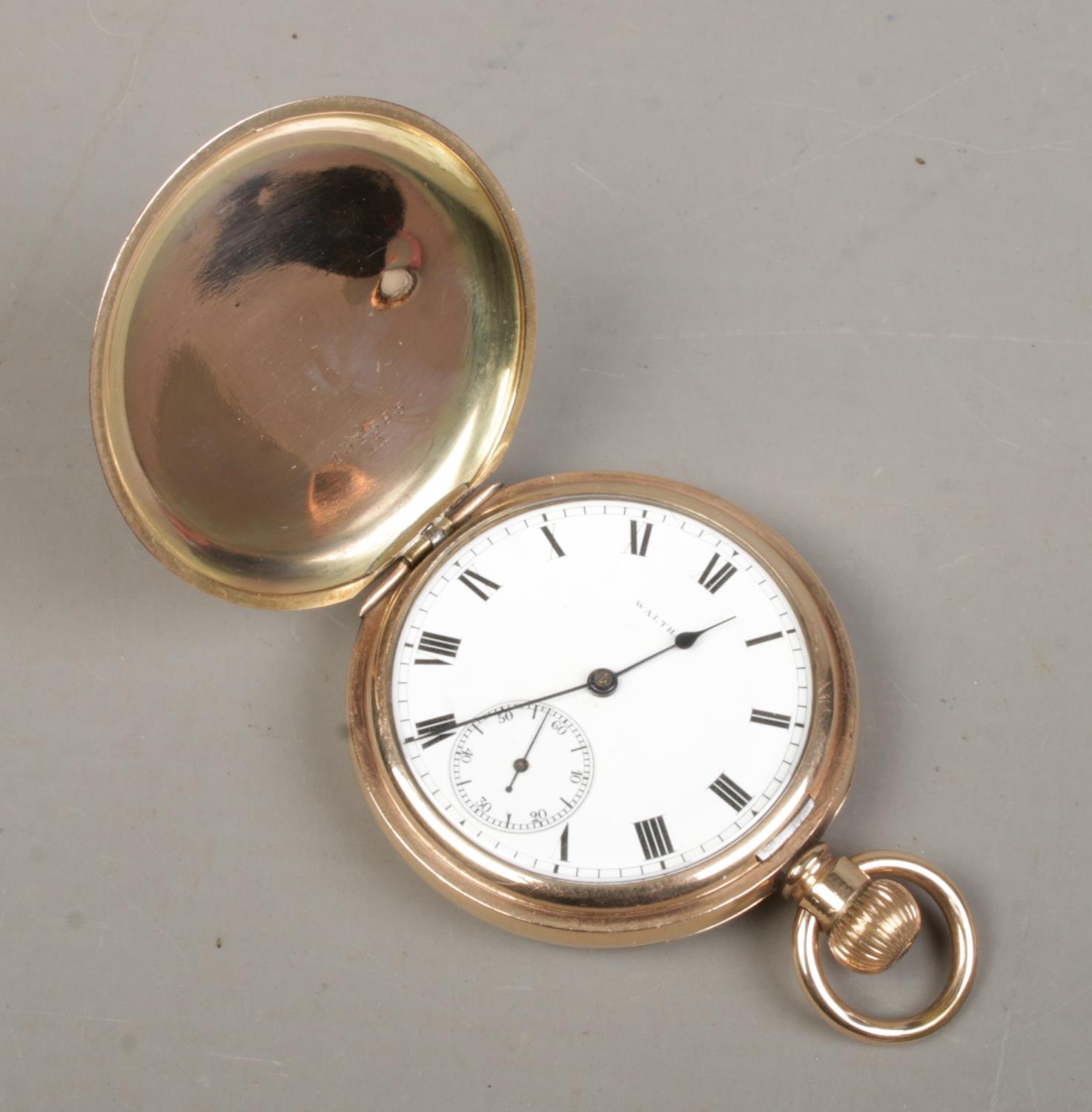 A gold plated Waltham full hunter pocket watch. With Rapport stand. - Image 2 of 2
