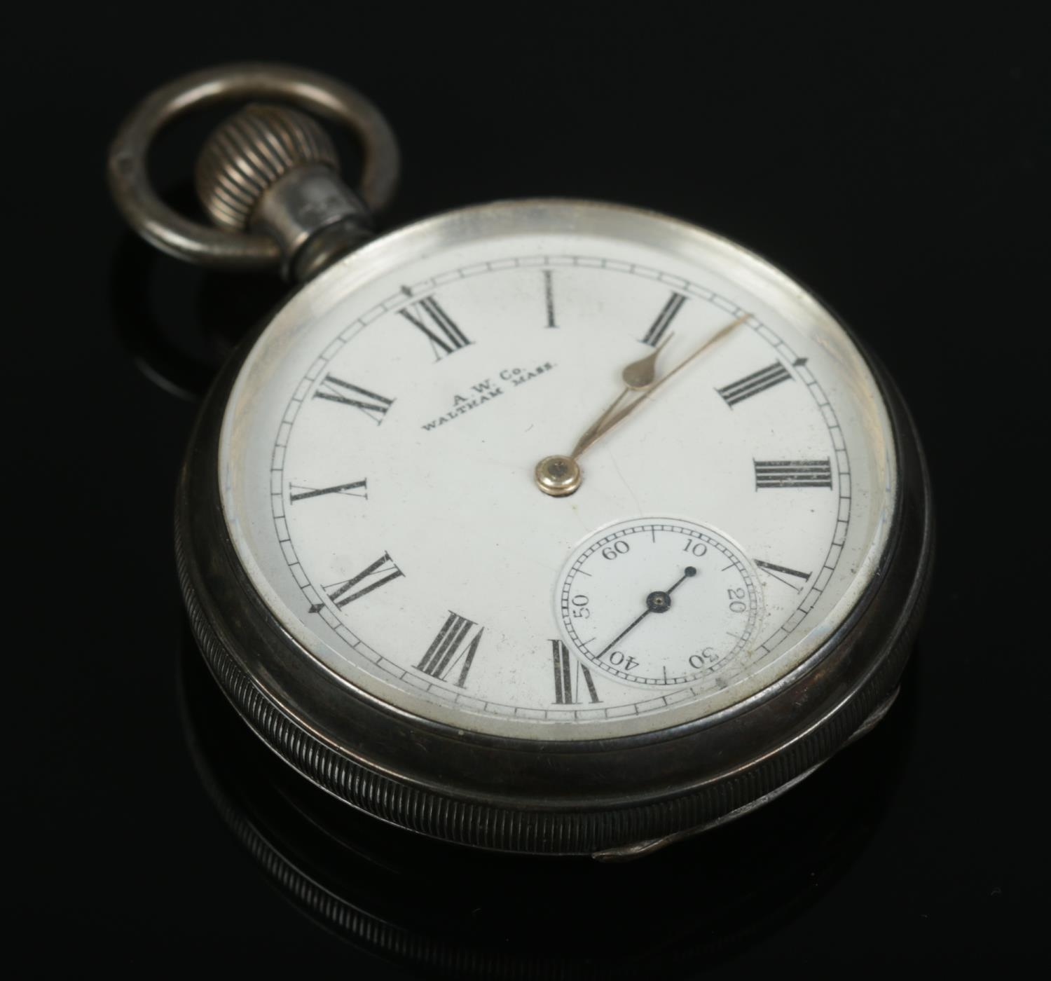 A silver cased American Watch Company Waltham Mass open face pocket watch, with Roman Numeral face