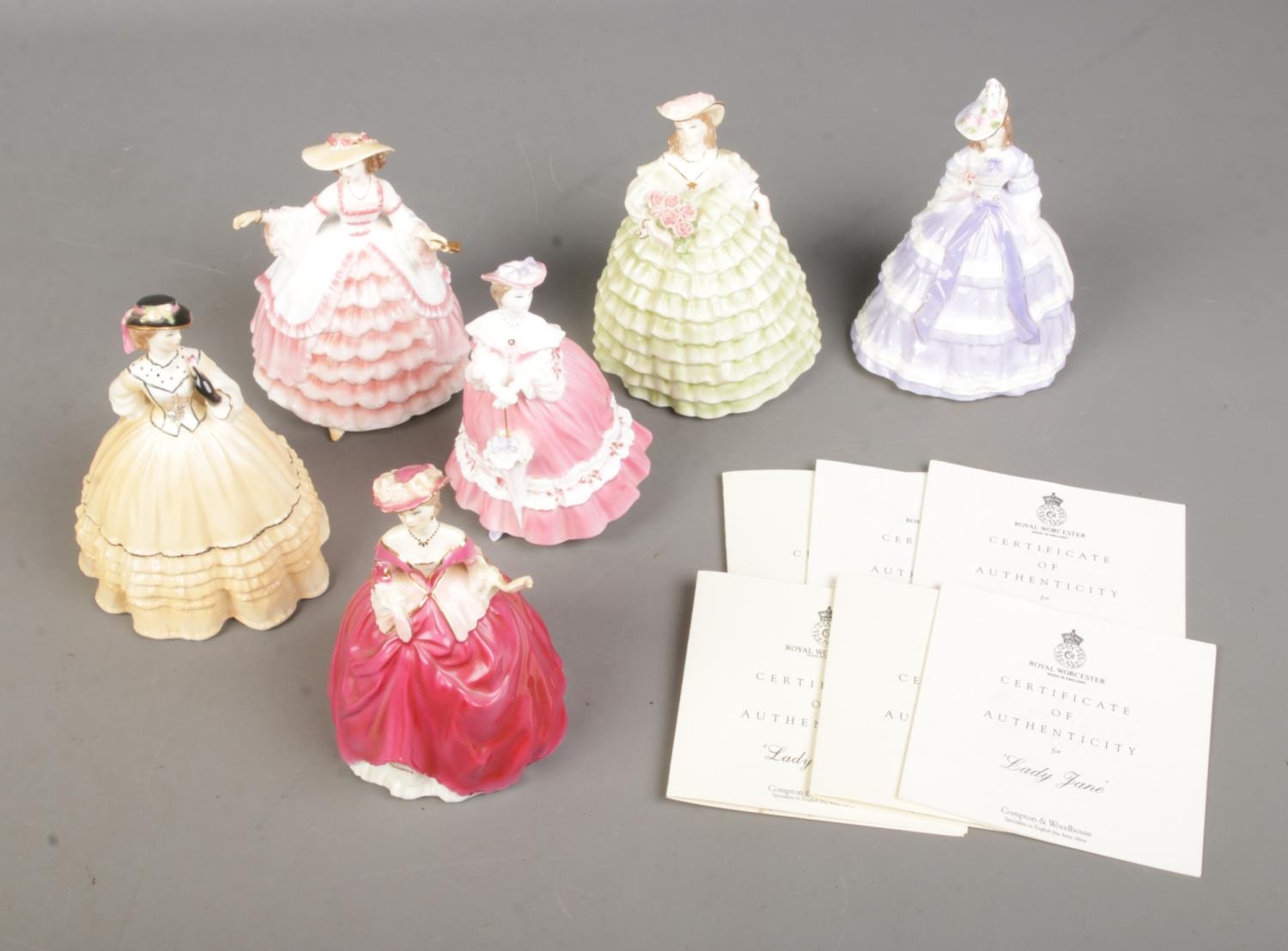 Six limited edition Royal Worcester ceramic figures from 'The Fashionable Victorians' collection.