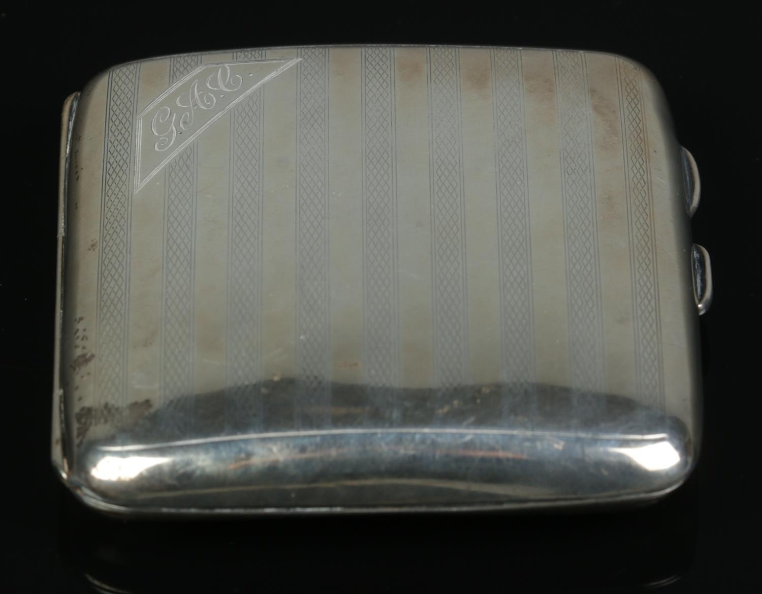 A George V silver hinged cigarette case, with banded detailing and corner cartouche with initials - Image 2 of 2
