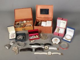 A box of assorted costume jewellery and accessories to include bracelets, wristwatches, Stratton