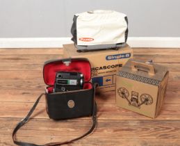 A collection of photographic equipment. Includes Fujicascope M2 Single 8 movie projector, Minette