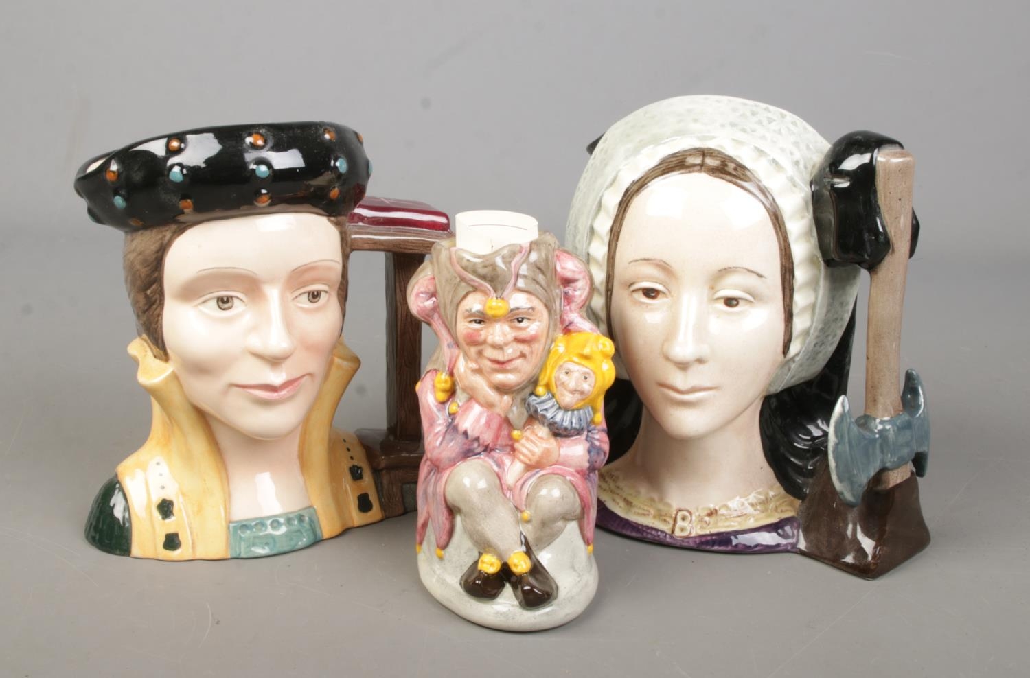 Three Royal Doulton character/toby jugs. Includes Catherine Parr (D6664), Anne Boleyn (D6644) and