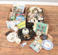 Two boxes of miscellaneous. Includes character jugs, Chinese and Japanese ceramics, books, crested