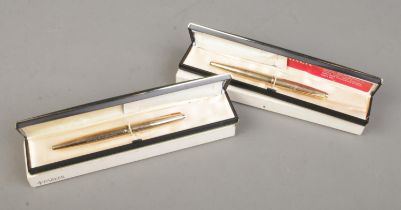 Two cased and boxed gold plated Parker fountain pens. One marked Credit Populaire D'Algerie, 1978,