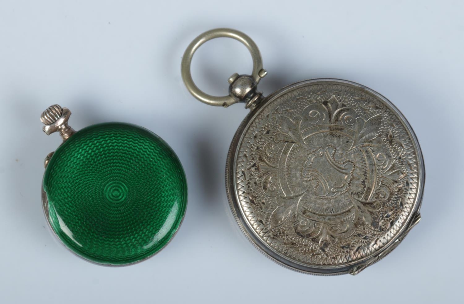 Two silver fob watches. Includes silver and guilloche enamel example along with a Continental - Image 2 of 2