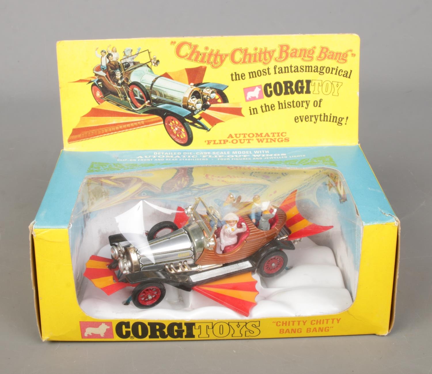 A boxed Corgi Toys 'Chitty Chitty Bang Bang' diecast model number 266. Features miniature figures