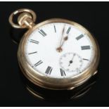 A 10ct Gold cased open face fob watch, with engraved monogram back. Featuring Roman Numeral face and