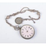 A Victorian silver fob watch with pink dial and Roman numeral markers. With silver albertina